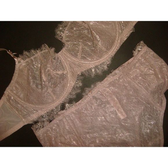 Victoria's Secret unlined 36D BRA SET thong taupe PINK gold foil lace VERY SEXY - Picture 7 of 7